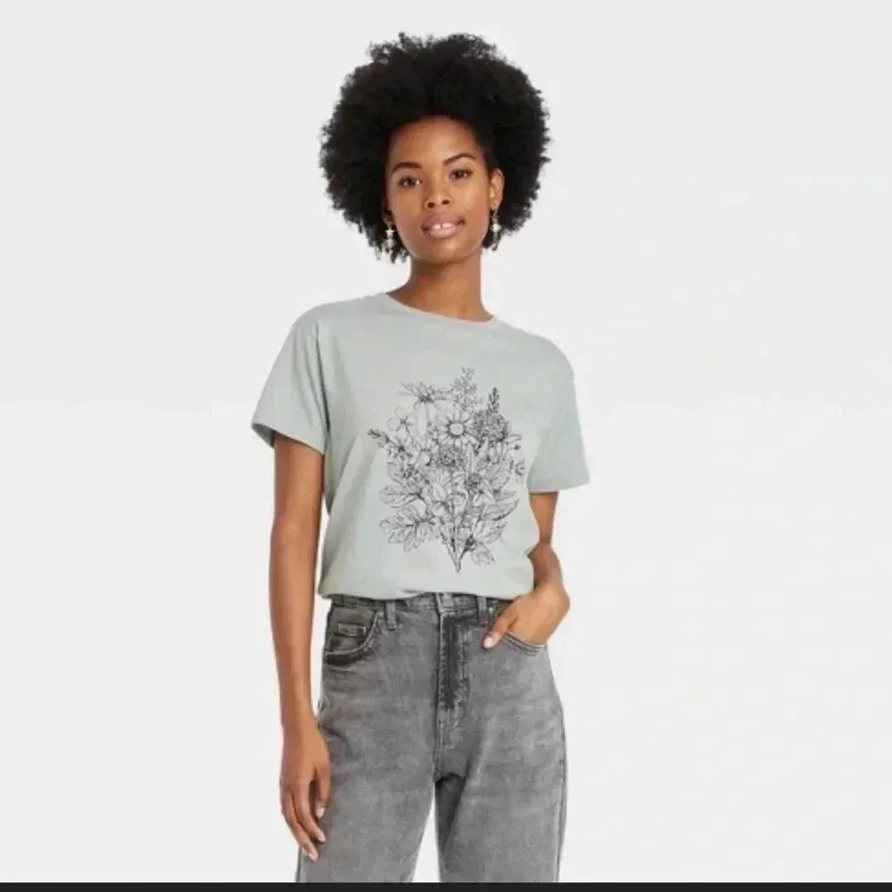 Doe Floral Graphic T-Shirt Womens 2XL Sage Green